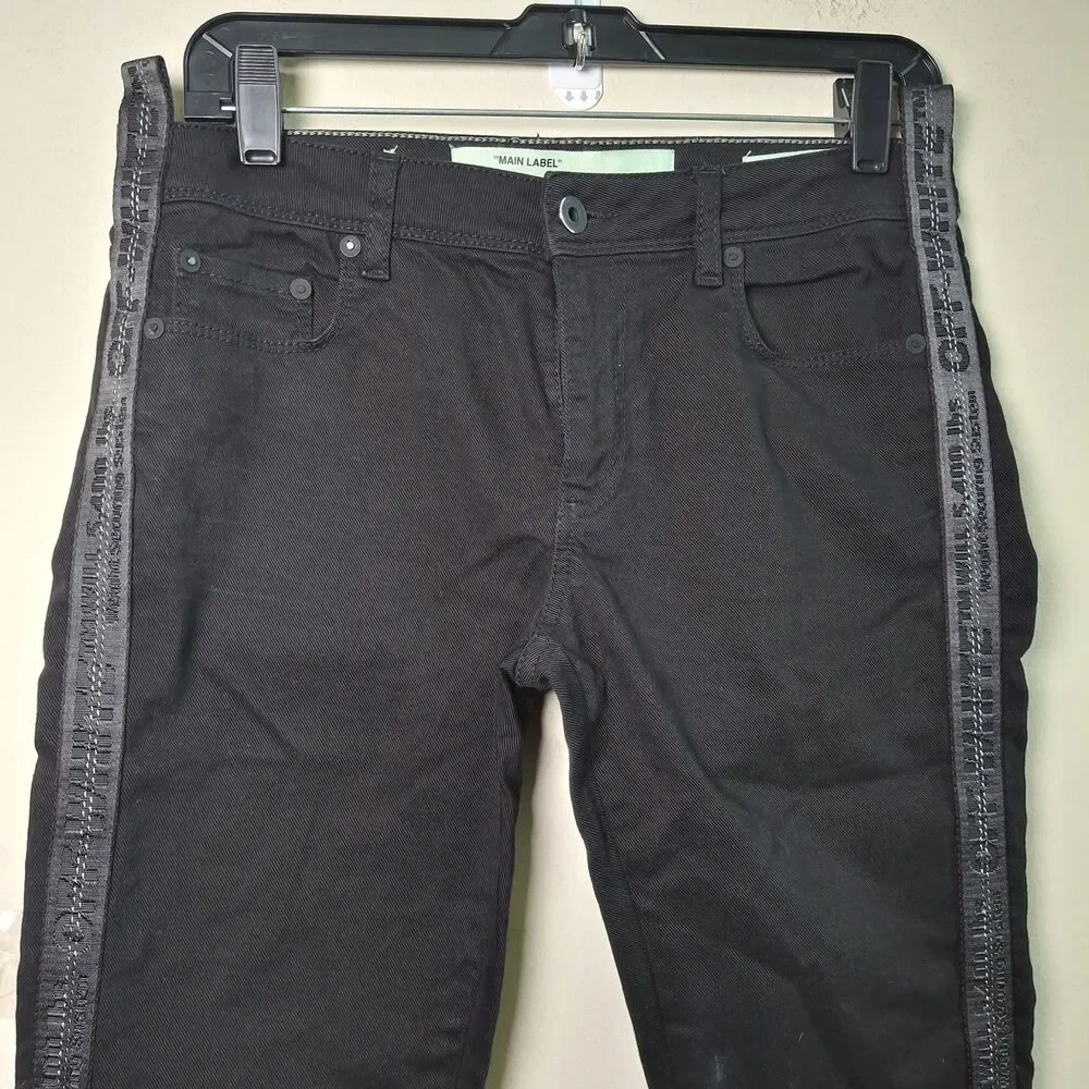 Off White Virgil Abloh Black Denim Slim Fit Jeans 28 Logo Tape Side Stripe ITALY